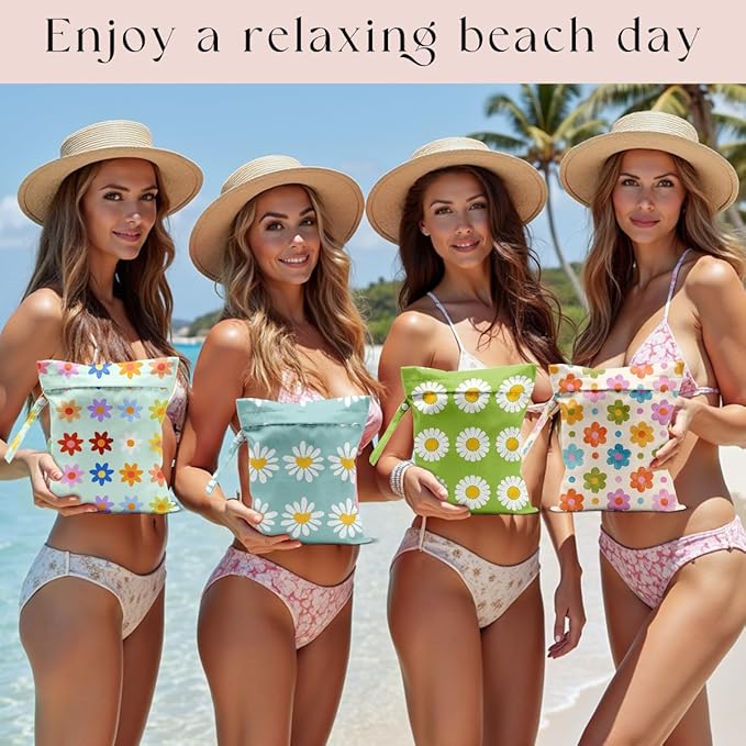 4 Pack Wet Bag for Swimsuit, Beach Travel Essentials Wet Dry Bag, for Sunscreen Toiletry Dirty Clothes Yoga Gym Diaper, Friend Summer Beach Vacation Gifts. Chrysanthemum