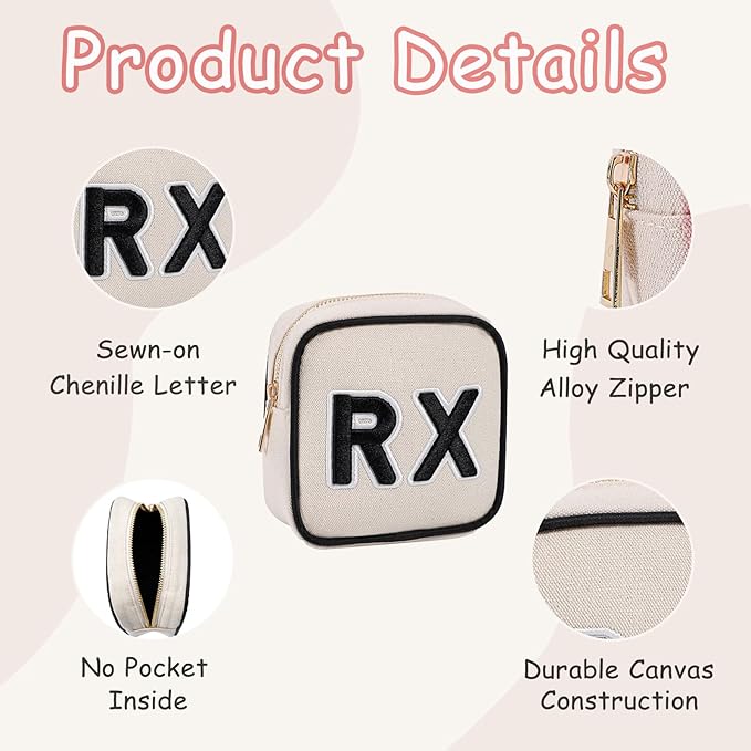 Small Canvas Rx Medicine Packages, Cute Chenille Letter Patch Drug Makeup Bag with Metal Zipper, Mini Travel First Aid Purse Organizer Machine Washable (01Beige)