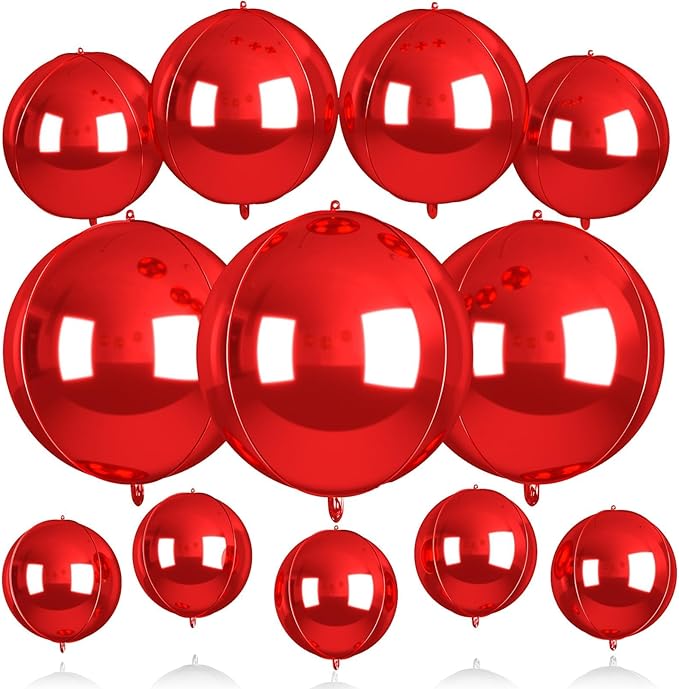 12Pcs Red Round Balloons Foil, 22" 18" 15" 10" 4D Round Ball Balloon, Big Metallic Red Foil Balloons Helium for Valentine Day Graduation Christmas New Year Prom Birthday Party Decorations Supplies