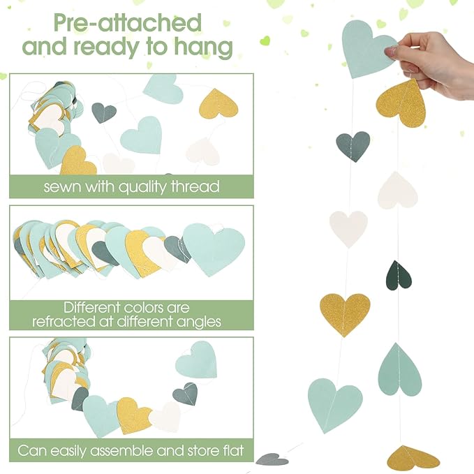 10 Pack 130ft Sage-Green Mint Beige-Gold Heart Party Garland Asymmetrical Love Hanging Banners for Birthday Wedding Decoration Bridal Shower Engagement Party