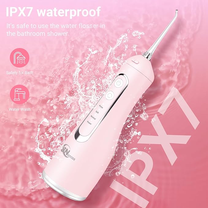 Cordless Water Dental Flosser Oral irrigator,JNGOODS 300ml Rechargeable Water flosser for Teeth IPX7 Waterproof 4 Modes Portable Oral Irrigator with 4 Jet Tips, Travel Home use (Pink)