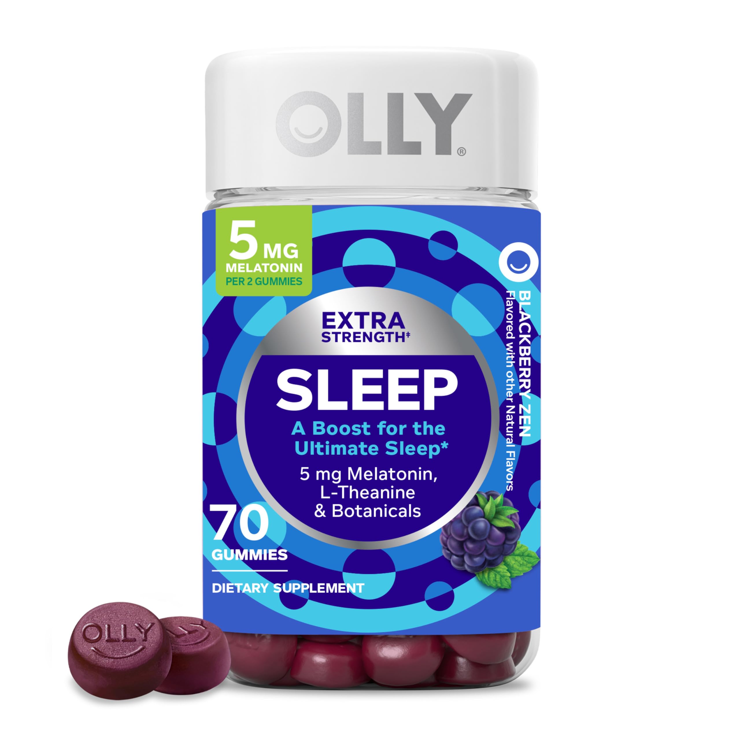 OLLY Extra Strength Sleep Gummy, Occasional Sleep Support, 5 mg Melatonin, L-Theanine, Chamomile, Lemon Balm Extracts, Sleep Aid, Blackberry Flavor - 70 Count (Packaging May Vary)
