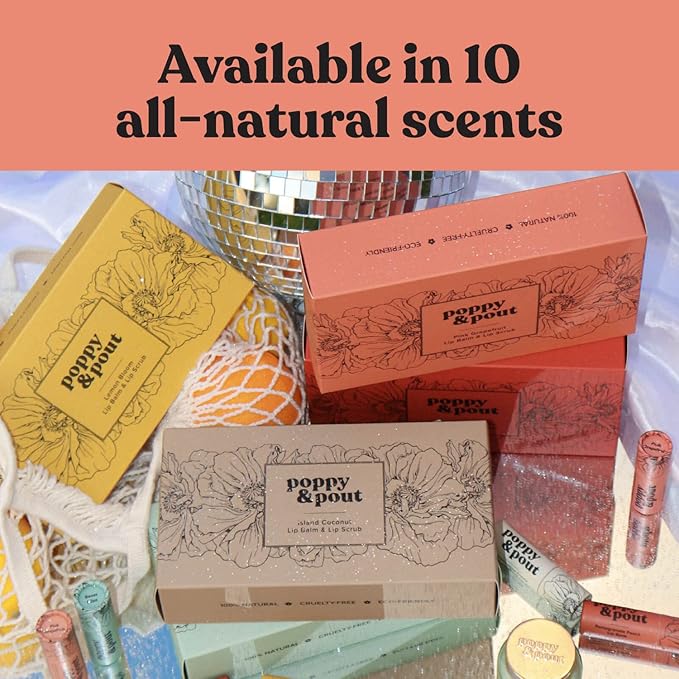 Poppy & Pout Lip Care Set | Lip Balm & Scrub | Sustainable Cardboard Tubes & Glass Jars, All Natural, Beeswax, Coconut Oil, Cruelty Free, Exfoliating & Moisturizing Lip Treatment (Orange Blossom)