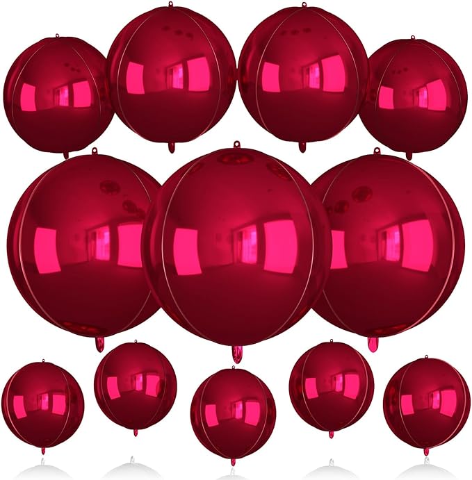 12Pcs Red Round Balloons Foil, 22" 18" 15" 10" 4D Sphere Shaped Balloon Different Size, Large Metallic Dark Red Balloons for Xmas Prom Graduation Baby Shower Birthday Party Decorations Backdrop