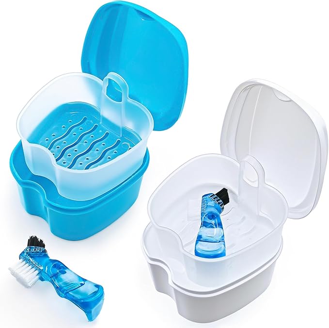 Keedolla 2 Pack Cute Denture Cups Denture Bath Container for Soaking False Teeth, Denture Storage Container Soaking Bath Case with 2 Brush - Blue and White