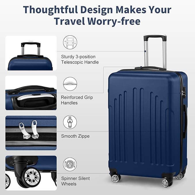 Karl home Luggage Sets 3 Piece, ABS Hardside Suitcase Set with Double Spinner Wheels & TSA Lock for Travel Business, 3-Piece Set (20/24/28), Navy Blue