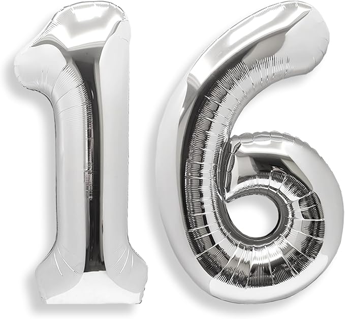 AULE 40 Inch Big Silver Foil Mylar Number Balloons for Boy Girl 16th Birthday Party Decorations 16 Years Old Giant Anniversary Party Supplies