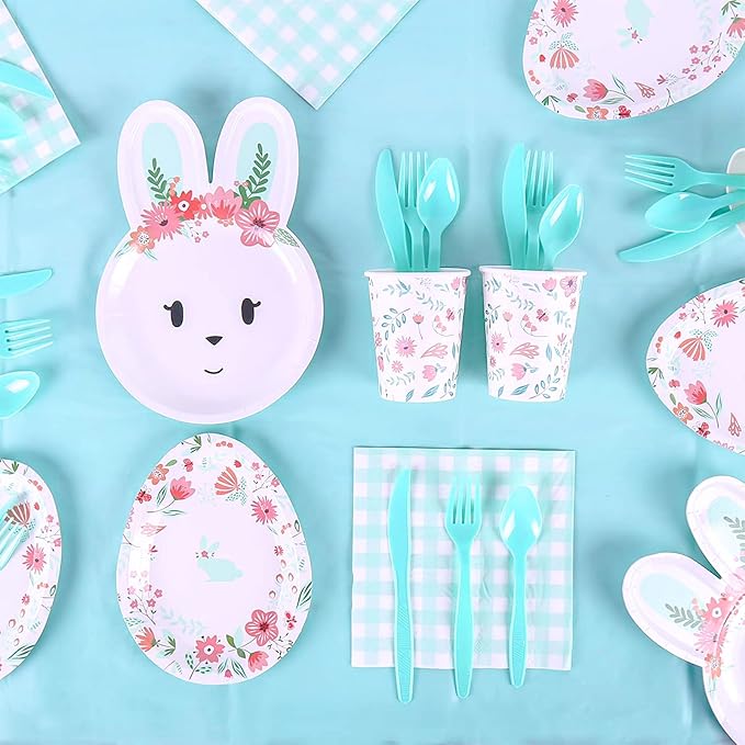KEPATO Easter Bunny Party Supplies for 16 Guests, 113 Pcs Disposable Tableware Set with Plates, Napkins, Cups, Forks and Spoons for Easter Bunny Birthday Party Decorations
