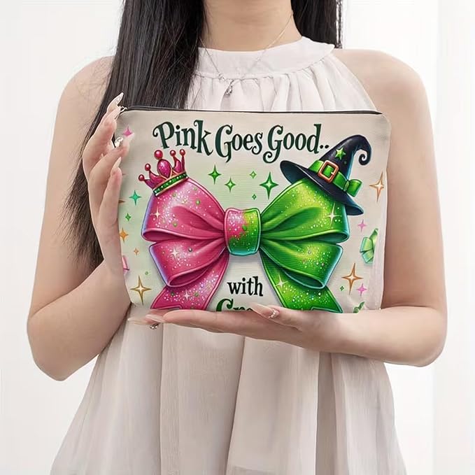 Small Makeup Bag with Zipper for Women with Pink Green Glitter Bow designs Cosmetic Pouch Friends Gifts Cute Toiletry Bags for Birthday Graduate Travel Supplies Accessories