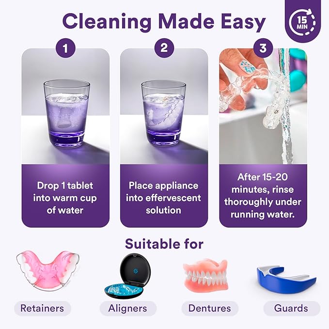 Weiss Naturals Retainer Cleaner Tablets, Invisalign Cleaner, Remove Stains, Odors & Plaque, PERSULFATE FREE Night Guard & Denture Cleaner 1-Month Supply, 30 Grape Scented Tablets