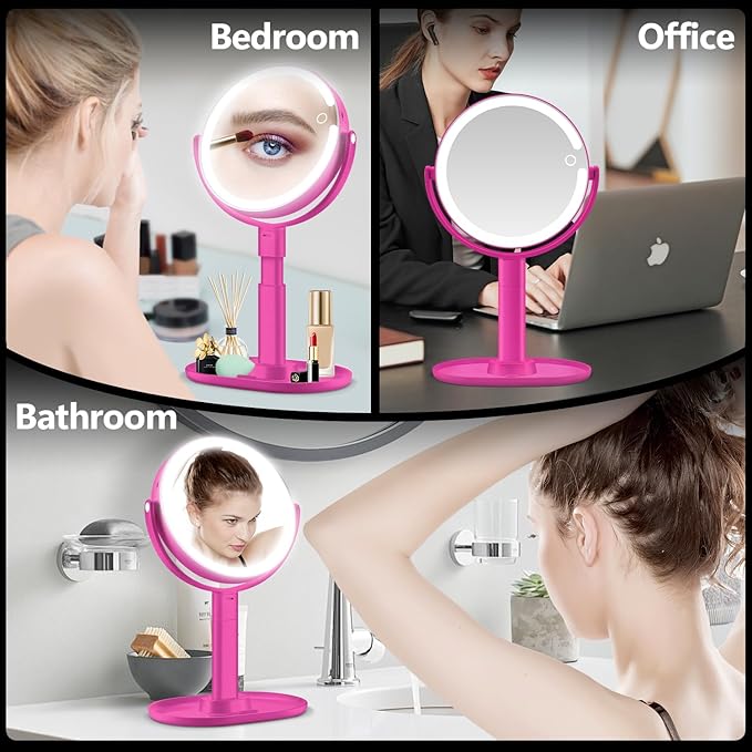 MIYADIVA Makeup Mirror with Lights, 30X Magnifying Mirror with Light and Touch Switch, Vanity Mirror with 3 Color Light and 80 LEDs, Height Adjustable Desk Mirror with Lights, Hot Pink