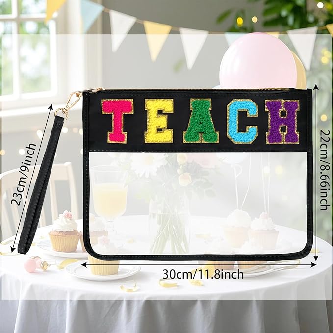 Chenille Letter Bag, Multi-purpose Nylon Clear Makeup Cosmetic Bags Flat Pouches with Zipper for Travel, Gym, Beach (Black-Teach)