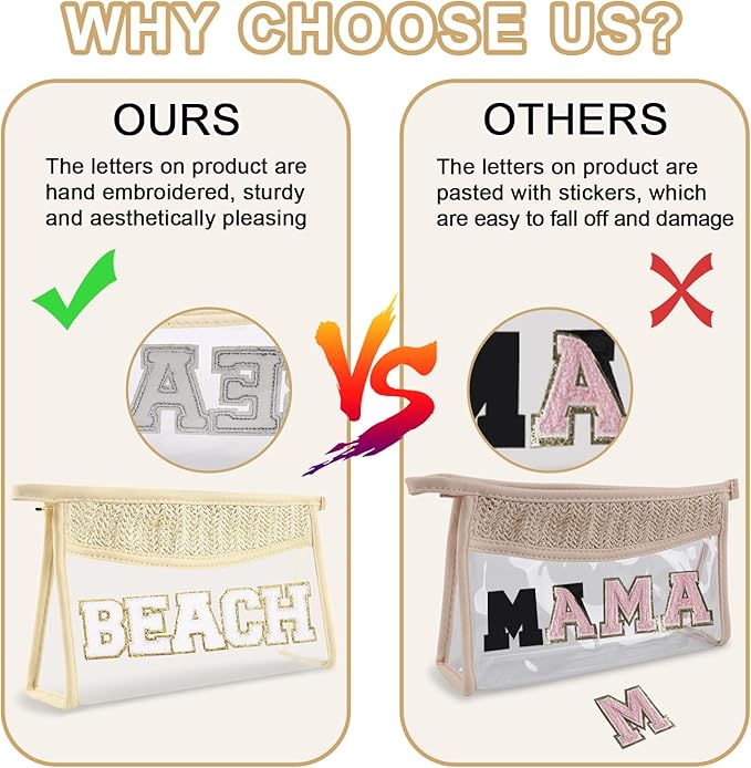 Iqimott 2Pcs Clear Patch Makeup Letter Bag, Boho Letter Bag for Beach Swim, Waterproof Zipper Make up Bags Toiletry Pouch for Women Girls, Clear Letters Patch Cosmetic Bags for Travel(Beach)