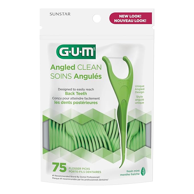 GUM Angled Floss Picks, Perfect for Tight Teeth, Extra Strong Shred-Resistant Dental Floss, Angled for Easy Reach, Dental Flossers for Adults, Fresh Mint Flavor, 75 Count