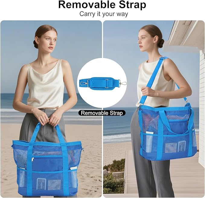 Mesh Beach Bags for Family - Women Beach Tote Bag for Toys, Towels, Travel Vacation Cruise Essentials