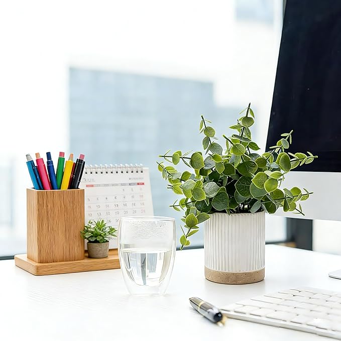 Small Fake Eucalyptus for Decorative Trays,9.5" Artificial Eucalyptus Ceramic Potted Plants for Office Desk,Faux Greenery Plant for Home Bathroom Floating Shelves Decor(Green)