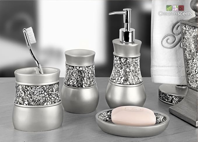 Crackled Glass Silver Hand Soap Dispenser for Bathroom, Decorative Countertop Lotion Dispenser, Elegant Liquid Soap Dispenser with Sturdy Pump for Classic Bathroom Décor