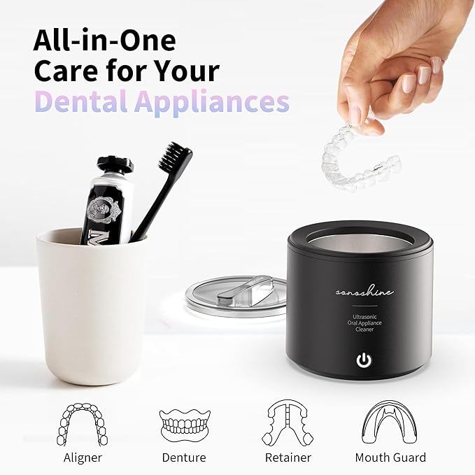 Ultrasonic Retainer Cleaner – Auto-Adjust 39-48kHz Sonic Retainer Cleaner Machine for Aligner, NightGuard, Mouth Guard, Denture & More | Easy & Quiet
