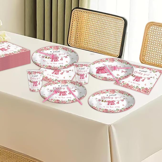 140pcs Greenery Gender Reveal Baby Shower Plates And Nnapkins Supplies Party Boho Greency Party Decorations Tableware Set Dessert Plates Napkins Forks for 20 Guests (Pink)