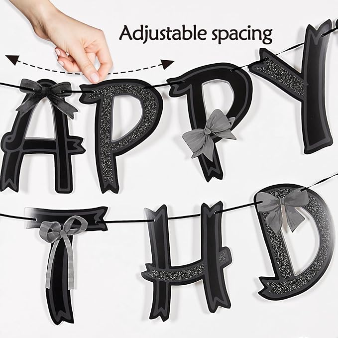 Pre-strung Black Bow Birthday Decorations, Black Coquette Party Decorations, Bow Party Supplies Include Happy Birthday Banner, Bow Garland Banner for Girls