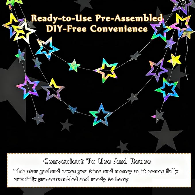 52 Feet Star Garland Banner Decorations for Party,Gold Star Hanging Bunting Banner Hanging Glitter Stars Garland Christmas Birthday Decorations (4 Pack Hollow Star)