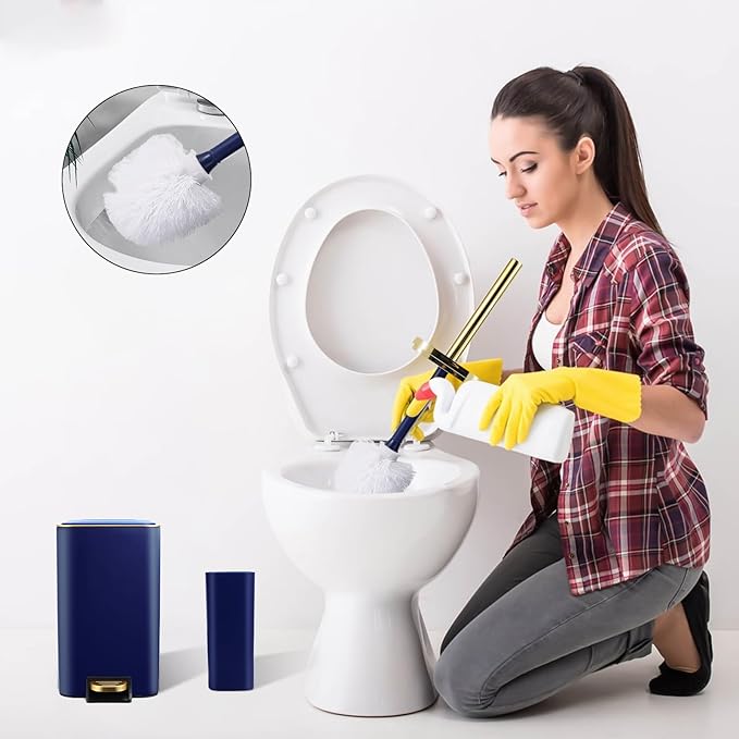 Navy Blue Bathroom Accessories Set 8 Piece Navy Blue and Gold Bathroom Set, Bathroom Sets with Stainless Steel Trash Can,Toilet Brush,Toothbrush Set,Soap Dispenser