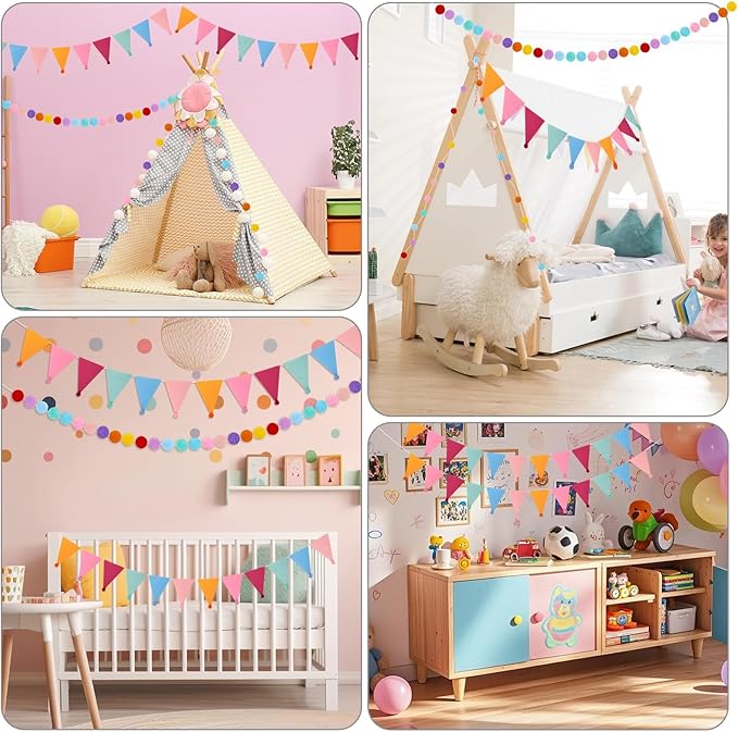4 Pack 26.3 Feet Colorful Pom Pom Garland Felt Bunting Banner Hanging Decor, Rainbow Ball Decoration for Easter Christmas Tree Classroom Back to School Birthday Party Decorations