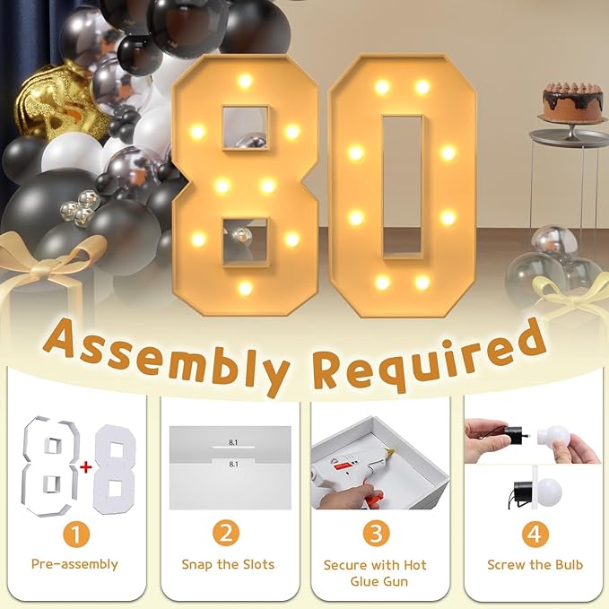 imprsv 3FT Light Up Numbers, Marquee Numbers 80th Birthday Decorations for Women Men, Large Light Up 80 Birthday Women Foam Board Anniversary Party Decorations Arch Kit (DIY)
