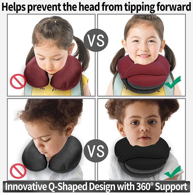 BUYUE Kids Travel Pillows for Airplane, 360° Head Support Sleeping Essentials for Boys Long Flight, Skin-Friendly Soft Neck Pillow for Traveling in Car Seat, (Small, Red Grey, 40-90 lbs)