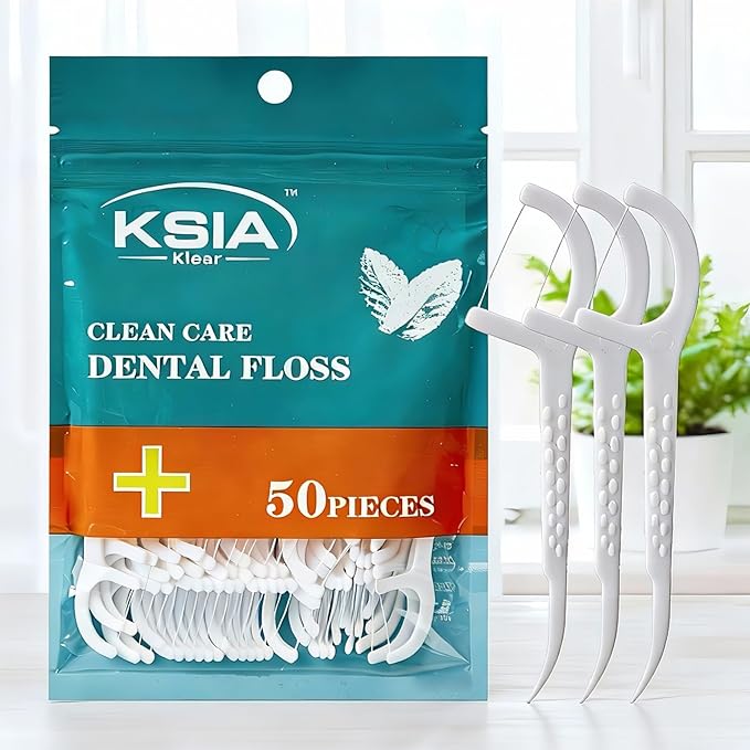 KSIA Klear Dental Floss Picks, 50 Count Tooth Picks Flossers, Dental Floss Cleaner, Dental Flossers for Family, Keep Teeth Clean, Remove Food and Plaque, with 1 Portable Sealed Pouch