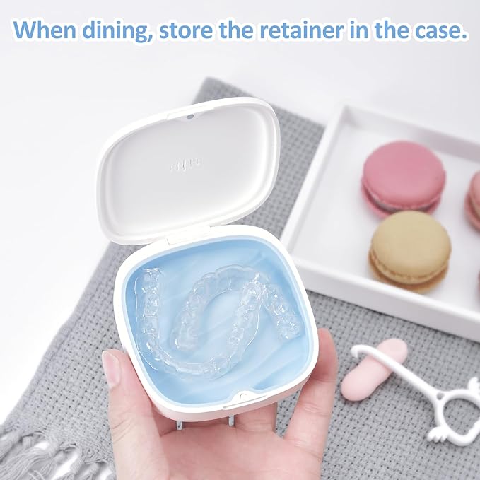 Retainer Case Slim Aligner Case with Vent Holes Removable Inner Tray Silicone for Easy Cleaning (1Pack White Blue)