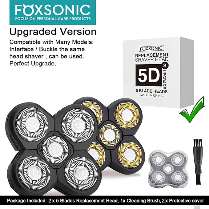FOXSONIC 2 Universal 5 Blades Head Shaver Replacement Heads for Head Shaver, Head Shaver Replacement Blades