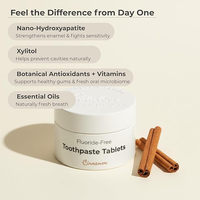 Cinnamon Fluoride-Free Toothpaste Tablets with Nano Hydroxyapatite | Natural Whitening, Enamel Strengthening, Plastic-Free & Travel-Friendly (1 Month Refill + Tin)