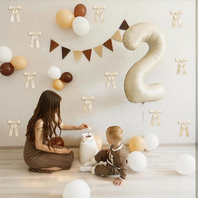 2 Strings Cream Bow Garland Banner Decorations, 16Pcs Pre-Strung Satin Ribbon with 6.7ft Chain for Ivory White Ribbon Bow Coquette Room Birthday Baby Bridal Shower Wedding Bachelorette Party Decor