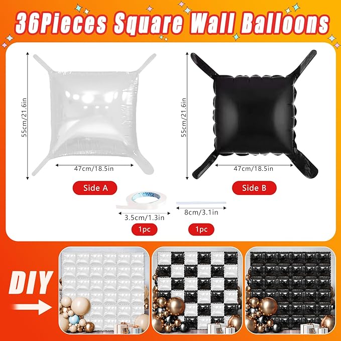 36 Piece XL White Square Foil Balloon Wall Screen Double Sided Square Balloon Screen Tunnel Arch Kit Mylar Square Balloons For Baby Shower Graduation Prom Birthday Party Decorations (White)