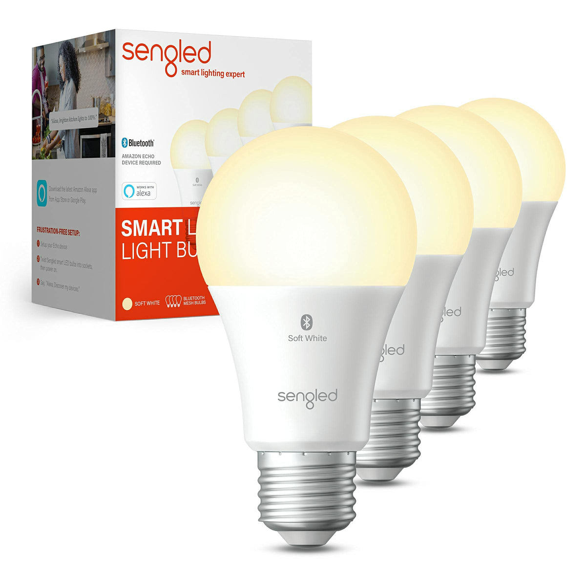 Sengled Alexa Light Bulb, S1 Auto Pairing with Alexa Devices, Warm Light Bulbs, Smart Light Bulbs that Work with Alexa, Bluetooth Mesh Smart Home Lighting, E26 60W Equivalent, 800LM, 4-Pack