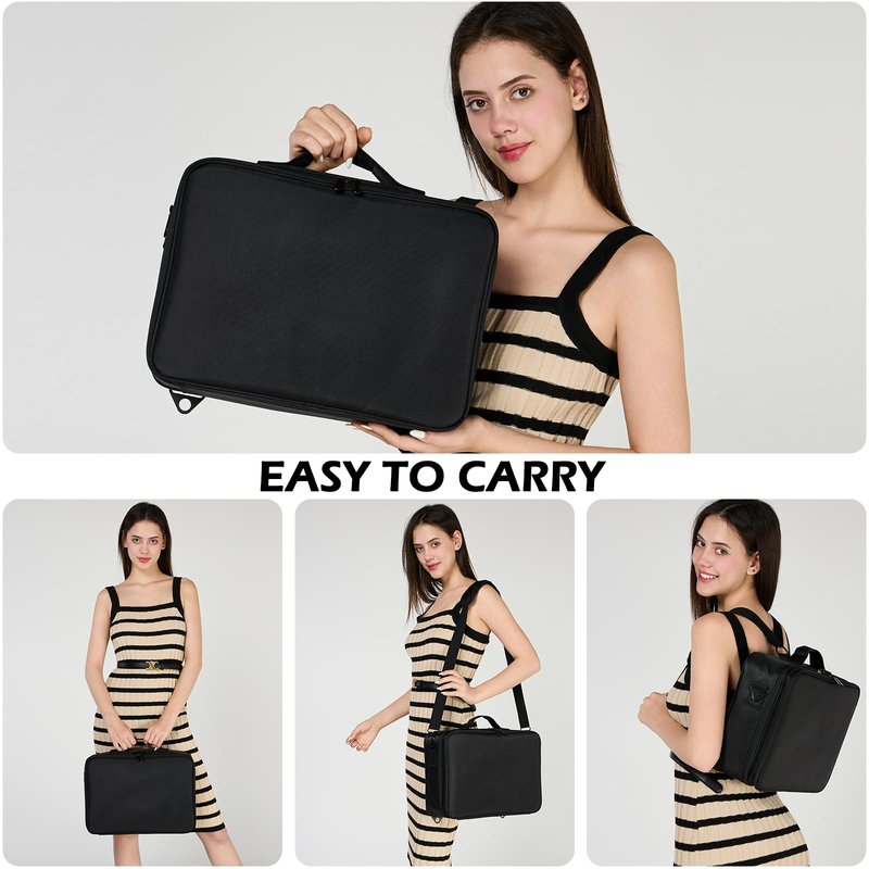 gzcz Large Capacity Travel Makeup Train Case,Professional Cosmetic Bags for Women,Portable Makeup Brush Bag Organizer Storage with Adjustable Dividers and Shoulder Strap