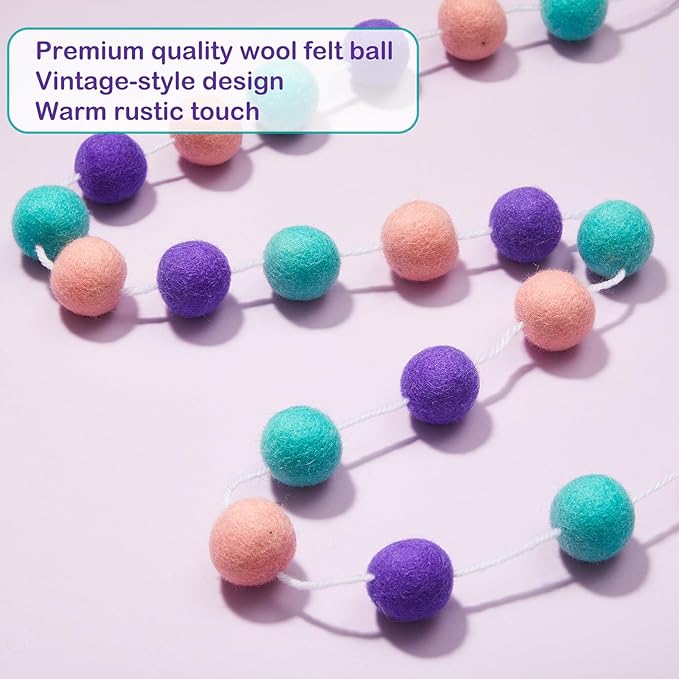 Boao 2 Pieces Wool Felt Ball Garland Colorful Pom Pom Garland Handmade 6.5 Feet Long 24 Balls Felt Banner for Wall Christmas Tree Decoration (Pink,Purple,Mint Blue)