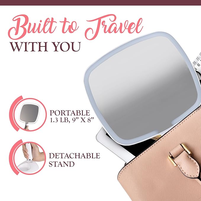 MIRRORVANA Lighted Travel Hand Mirror with Comfy Handle and Detachable Stand - Portable, Thin and Lightweight Design - Rechargeable with 3 LED Light Settings - 9" x 13" (White)