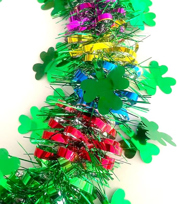 33Ft St Patrick's Day Tinsel Twist Garland Decorations Shiny Thick Shamrock Metallic Foil Wreath for St Patricks Day Irish Festival Party Parade Floats and Other Holidays Hanging Decor Supplies