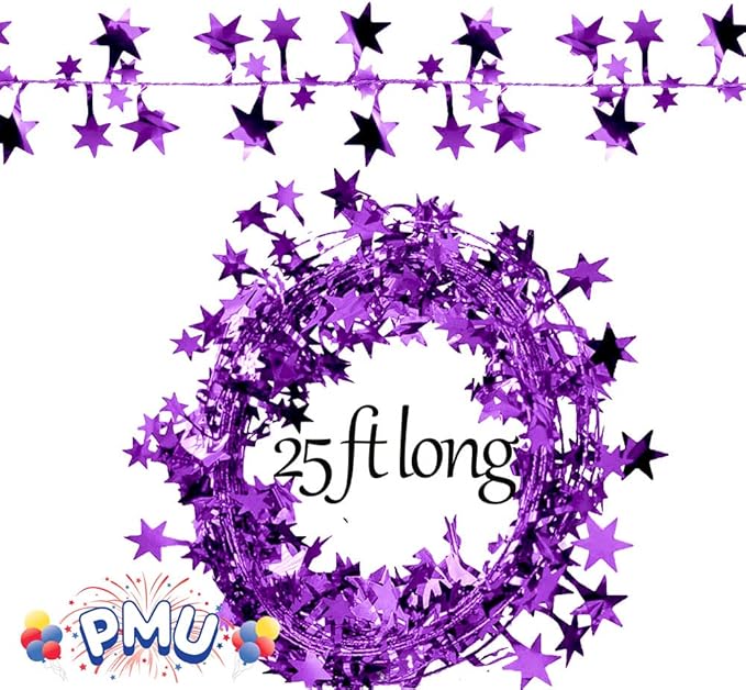 PMU 300 Ft Star Wire Shiny Garland Purple - Halloween, Christmas Party, Wedding, Birthday, Festive Home Decoration Ornament Purple (12pc-25Ft Each)
