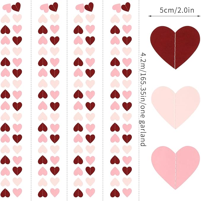 Pink Burgundy Party-Decorations Heart Garland - 62FT Wedding Hanging Streamer Banner,Valentines Birthday Baby Bachelorette Engagement Mothers Day Bridal Shower Backdrop Decor Hugtmr