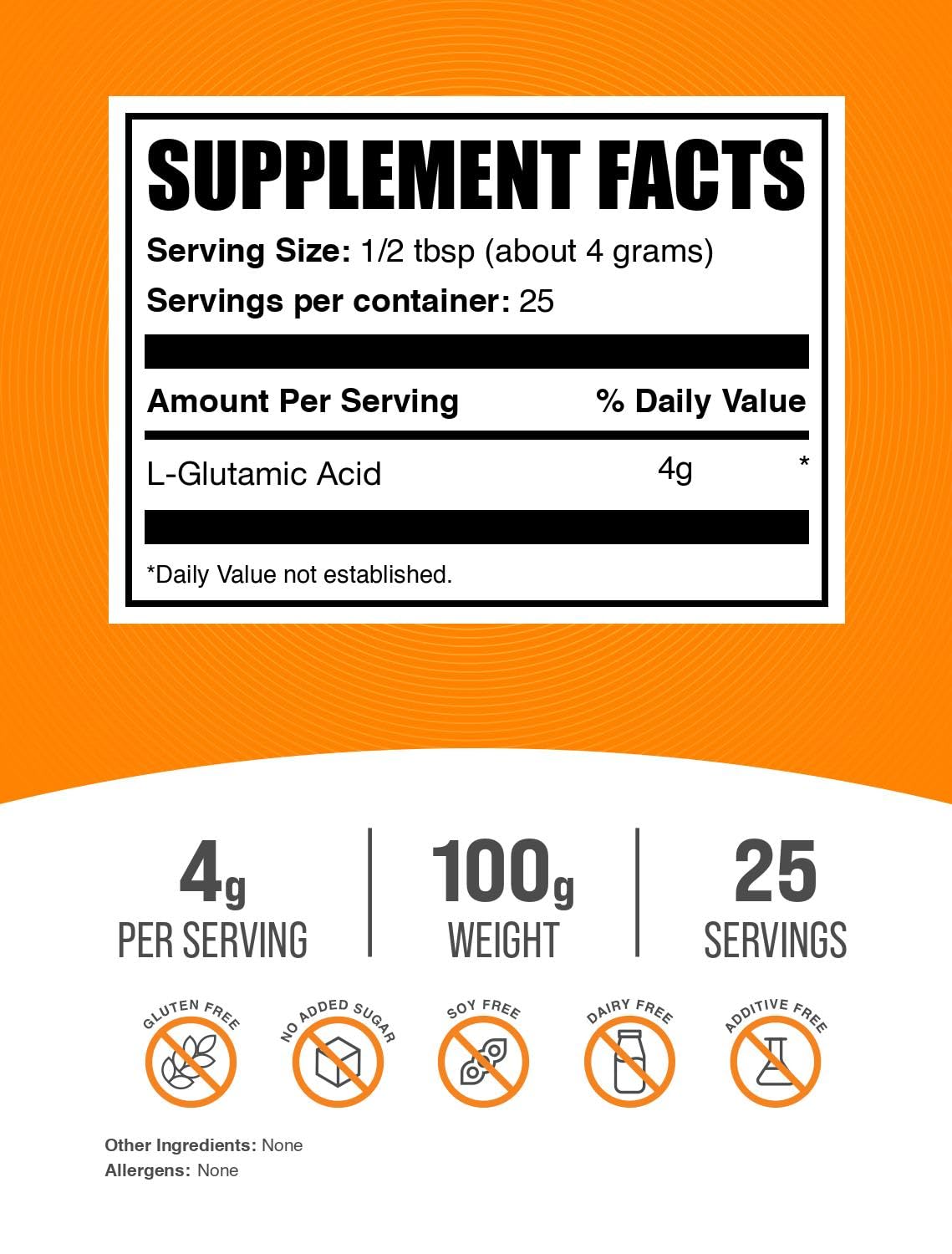 BulkSupplements.com L-Glutamic Acid Powder - Glutamate Supplement, Amino Acid Supplement - Unflavored & Gluten Free, 4g per Serving, 100g (3.5 oz) (Pack of 1)