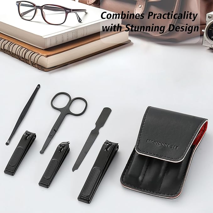 Cool Manicure Set for Men, Nail Clipper Grooming Kit for Teen Boy, Boyfriend, Husband, Dad, Small Gift Idea for Christmas Stocking Stuffers or Birthday Gift (Black)