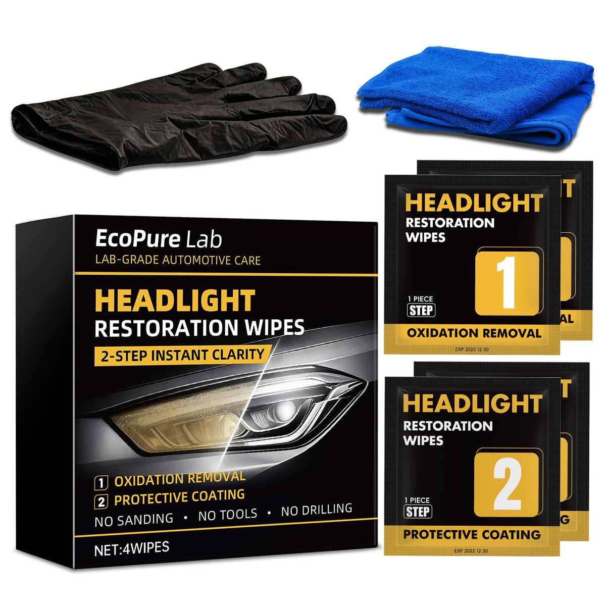 EcoPure Lab 2-Step Headlight Restoration Wipes-No Sanding Car Headlight Restoration Kit with Oxidation Remover&Ceramic Coating,U