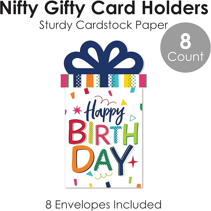 Big Dot of Happiness Cheerful Birthday Gift Card Holders - Colorful Celebration Money and Gift Card Sleeves, Premium Presentation Set with Envelopes, 8 Pack