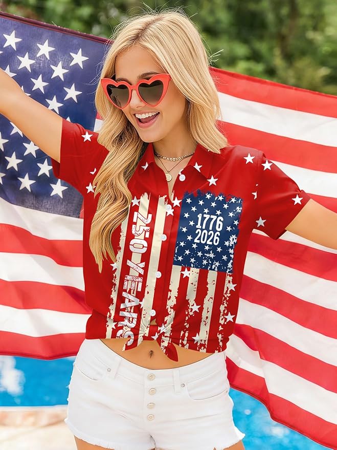 4th of July Shirts Women American Flag Patriotic Shirt Independence Day Short Sleeve Button Down Outfits