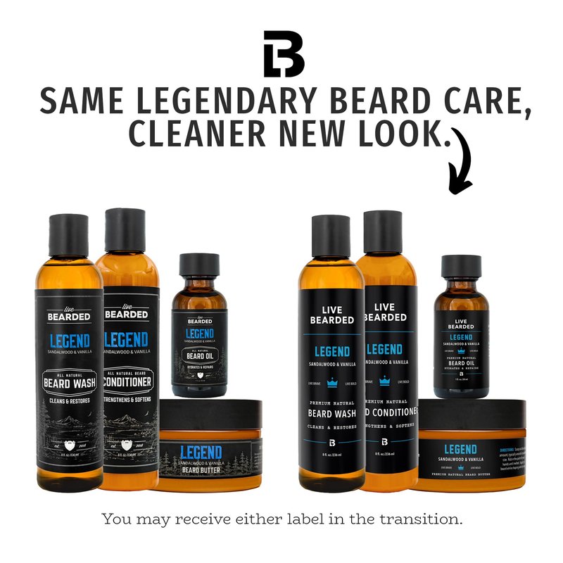 Live Bearded Complete Beard Grooming Kit - Wash, Conditioner, Butter and Oil - Made in the USA with All-Natural Ingredients - Mens Groom Set | Legend Scent - Sandalwood, Vanilla