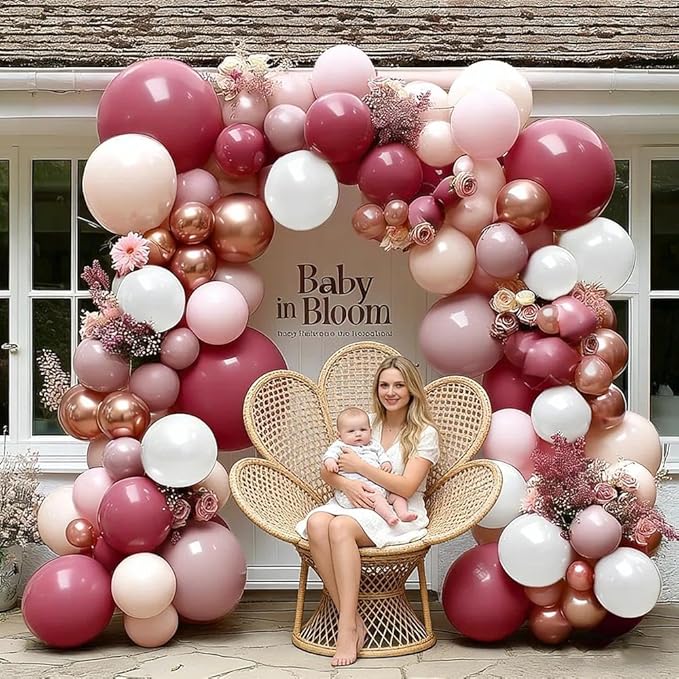Dusty Rose Pink Balloon Garland Double Stuffed Dark Pink Mauve Pearl White Latex Balloons Blush Cream Balloon Arch Kit for Birthday Bridal Baby Shower Wedding Mother's Day Party Decorations