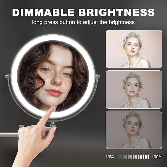 Hasipu 8.5-Inch Wall Mounted Makeup Mirror with Magnification, Rechargeable 2000 mAh Vanity Mirror with Lights, Bathroom Mirror with Dimmable Brightness, 3 Lighting Modes, Extendable Arm, Nickel